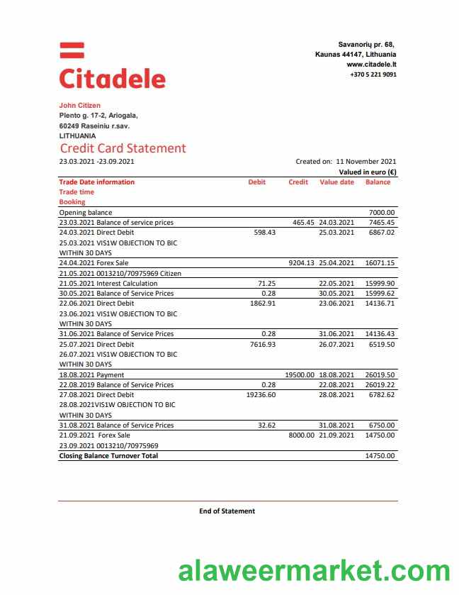 Lithuania (Litva) Citadele bank credit card statement template in Excel and PDF format